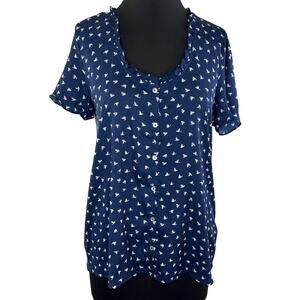 DOLAN Blue White Bird Print Short Sleeve Ruffle Neckline Button-Down Shirt Sz S